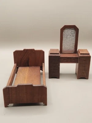 Strombecker 1930's Dollhouse 3 Piece Bedroom Set Walnut  - Image 1 of 4