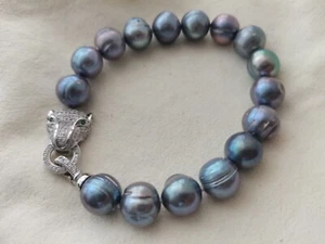 HOT HUGE AAA 11-12MM South Sea Black Pearl Bracelet 7.5-8 Inch 925S - Picture 1 of 4