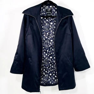 Dennis Basso Sz XS Front Zip Rain Jacket Navy Satin Anorak Removable Hood - Picture 1 of 12