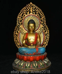 16" Old Tibet Bronze Painted Temple Shakyamuni Amitabha Buddha backlight Statue - Picture 1 of 10