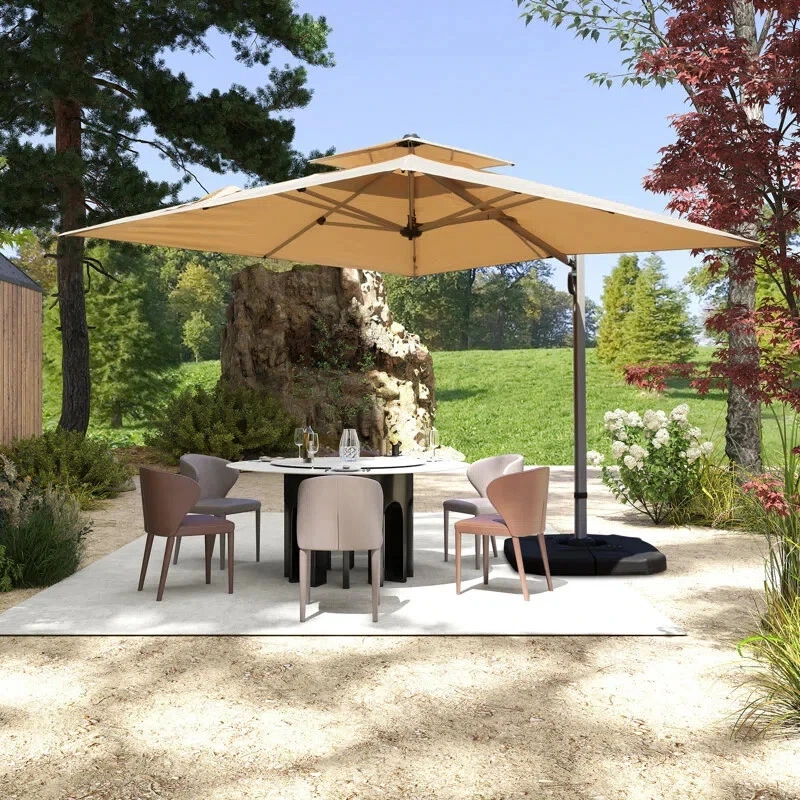 Paraguas voladizo cuadrado Domi 9,68'x9,68' con poste central para cubierta porche beige Foto 1 de 4
