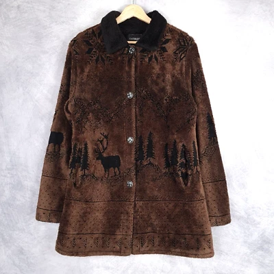 Chaqueta polar vintage años 90 para mujer mediana marrón negra pila profunda ciervo árbol madera Foto 1 de 4