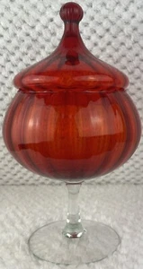 Vintage MCM Empoli Red Orange Glass Circus Tent Candy Jar Italy Ribbed Compote - Picture 1 of 13