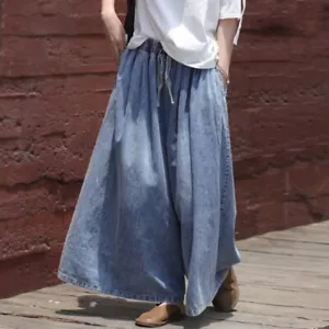 Lady Wide Leg Denim Pants Trousers Jeans Baggy Casual Elastic Waist Loose Pants - Picture 1 of 10