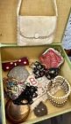 Antique Box Filled With Antique Doll Accessories, Purses, Bow tie, Necklace Etc