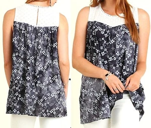 Top Umgee taglia S M L grigio bianco occhielli fata floreale cottage tunica camicia donna - Foto 1 di 6