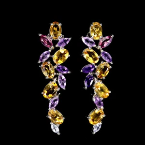 Pendientes De Plata 925 Ovalados De Citrino Amatista Rodolita Joyería - Imagen 1 de 14