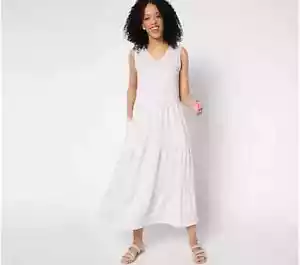 Denim & Co. Bedrucktes Midikleid Leinenmischung V-Ausschnitt Stufen - Stein - Small - NEU - A643328 - Bild 1 von 2