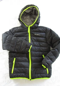 Eddie Bauer Boys Cirrus Lite Reversible Down Hooded Jacket Size 7/8 Black Grey - Picture 1 of 11