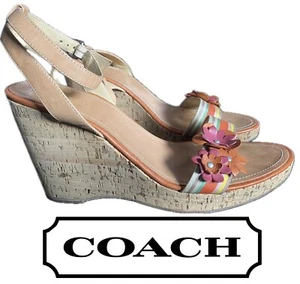 Coach Morgan Strappy Floral Leather & Cork Wedge Sandal 10M 10 M EUC Ankle Strap - Picture 1 of 7