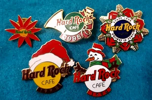 CHRISTMAS XMAS SNOWMAN HORN STAFF WREATH HAT POINSETTIA Hard Rock Cafe 5 PIN LOT - Picture 1 of 1
