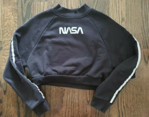 WOMENS FOREVER 21 BLACK NASA SILVER REFLECTIVE CROPPED MOCK NECK SWEATSHIRT - M - Picture 1 of 5