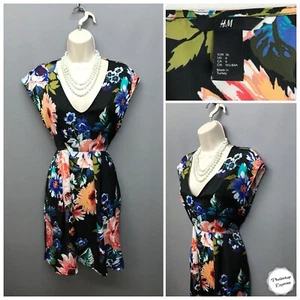 H&M schwarz Blumenmuster Midi Sommer Retro Kleid UK 8 EUR 36 US 4 Freizeit - Bild 1 von 11