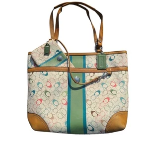 Coach Signature Canvas Bag Purse Chelsea F15139 Matching Wrislet Green Tan Multi - Picture 1 of 23