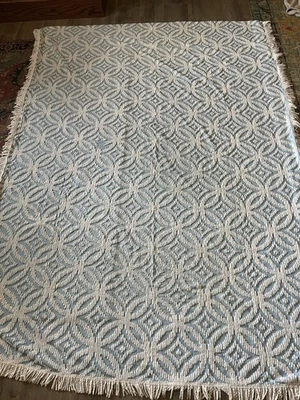 Vintage Chenille Bedspread Baby Blue White Circles Use Repurpose 72x102" Fringe - Image 1 of 4