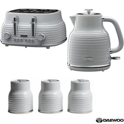 Daewoo Sienna Matching Kettle 4-Slice Toaster Tea Coffee Sugar Canister Set Grey - Image 1 of 4