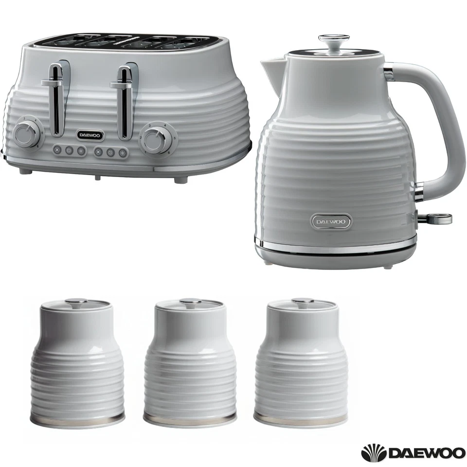 Daewoo Sienna Matching Kettle 4-Slice Toaster Tea Coffee Sugar Canister Set Grey - Image 1 of 4