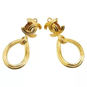 CHANEL Gold Plated CC Logos Ring Swing Vintage Clip Earrings with box - Picture 1 of 5