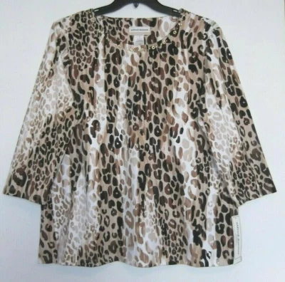 Alfred Dunner Talla 1X Top Estampado Animal, Mangas 3/4, Escote Tachuelas, Marrones Nuevo con Etiquetas Foto 1 de 4
