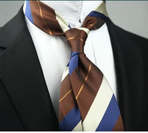 New Classic Striped Brown Blue White JACQUARD WOVEN 100% Silk Men's Necktie Tie - Picture 1 of 1