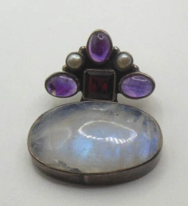 Vintage 925 Silver Amethyst, Garnet, Pearl & Labradorite Pendant 1.25" x 1" - Picture 1 of 2