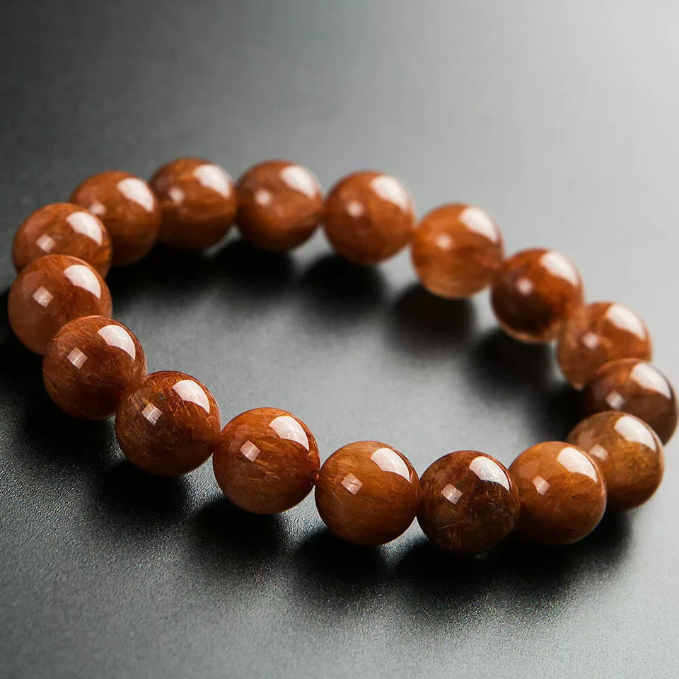 Natural Copper Hair Rutilated Quartz Crystal Round Beads Bracelet 11mm AAAAA - Image 1 of 4
