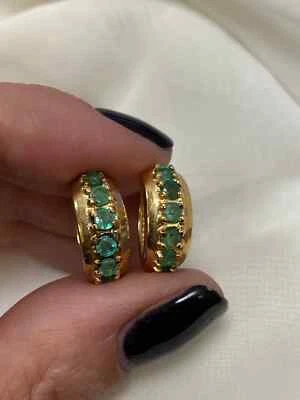Natural Vintage Emerald Hoop Earrings 1.4Ct Round  14K Yellow Gold Plated - Image 1 of 4