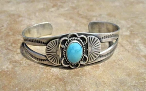 GEM !!  EARLIER Navajo Sterling Silver Turquoise "PRETTY GIRL" Applique Bracelet - Picture 1 of 12