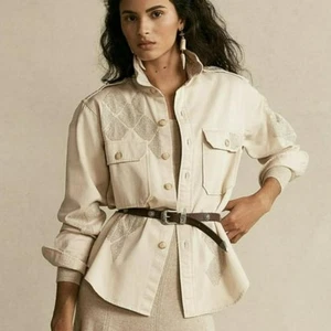 Camisa Polo Ralph Lauren Plateada Cuentas Algodón Sarga Crema XS Estilo Occidental - Imagen 1 de 8