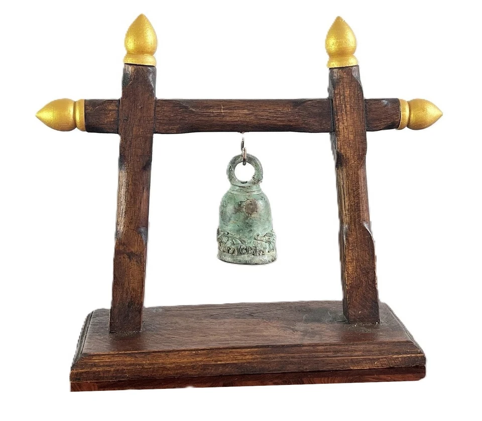 Маленький бронзовый храмовой колокол слон с деревянной подставкой буддийский антикварный домашний декор - Изображение 1 из 4