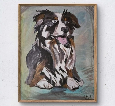 Pintura original de cachorro pastor australiano 11x14 tela impressionismo acrílico - Imagem 1 de 4