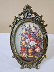 Italian Mini Ornate Brass Framed Floral Print Still Life Oval Italy 3"x5 MCM VTG - Picture 1 of 5