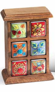 Ceramic Drawer Chest Mango Wood Hand Painted Multi Colour For Jewellery Spices - Picture 1 of 2