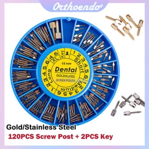 Dental Screw Post Gold/Stainless Plated 120PCS Conical Kit Root Canal Pins+2 Key - Picture 1 of 20