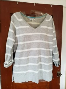 NAUTICA Women's XS Gray White Striped 100% Cotton V-Neck 3/4 Sleeve Sweater  - Picture 1 of 6