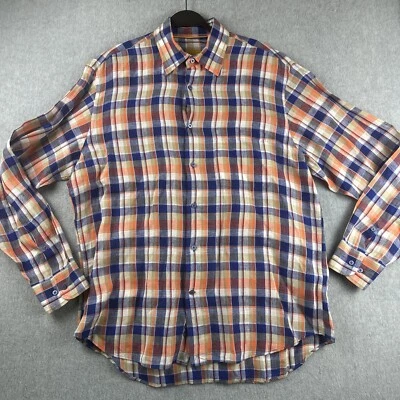 Robert Talbott Multicolor Linen Plaid Shirt Mens Large Long Sleeve Blue Orange - Image 1 of 4