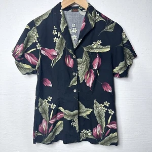 Camisa hawaiana Tommy Bahama de colección para mujer S negra floral 100 % seda Peace Lilly - Imagen 1 de 11