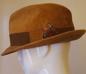 Vtg., Towncraft, Golden Brown, Corduroy w/Ultra-Suede & Feathers, Trilby (Med) - Picture 1 of 12