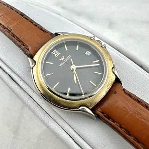 Vintage Waltham Watch Mens 28mm Black Dial Date Brown Leather Band, New Battery - Picture 1 of 19