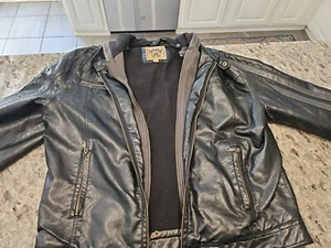 RED CAMEL Mens FAUX LEATHER RACER JACKET/ Black /LARGE /Removable Hoodie - Picture 1 of 19