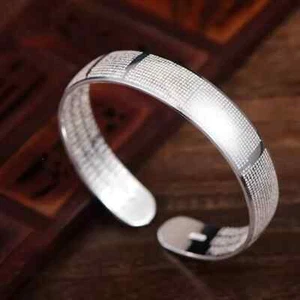 Pure S999 Sterling Silver 999 Lucky Wide Heart Sutra Bracelet Bangle 47g - Picture 1 of 8