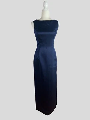 Vintage Huey Waltzer Satin Navy Blue Full Length Formal Gown Long Dress - Image 1 of 4