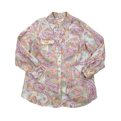 Camisa Charter Club Beige Rosa Paisley Estampada Botón Delantero Lino Talla 12 Foto 1 de 4
