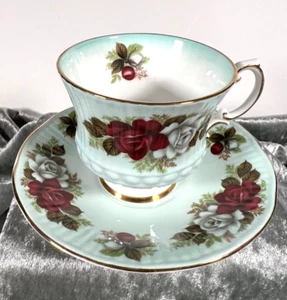 Elizabethan Fine Bone China Roses/ Mint Hued Background Footed Cup & Saucer Set - Picture 1 of 6