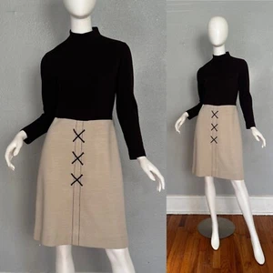 Vintage 60s Brown WOOL Turtleneck MOD Ribbed Scooter Go-Go Dress M - Picture 1 of 14