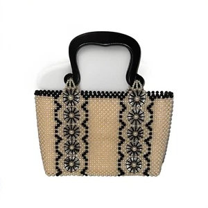 Blk.,off Wht..&clearBeaded Handbag W/ Blk. Wood Handles.11”X11” - Picture 1 of 4