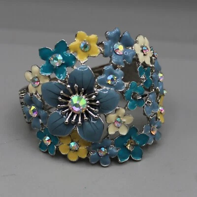 Kirks Folly Blue Enamel Flowers Hinged Cuff Bracelet w/ Aurora Borealis Crystals - Image 1 of 4