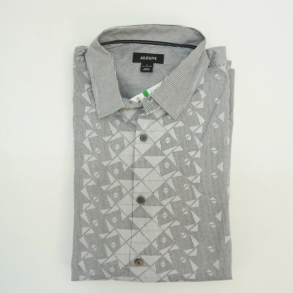 Alfani Mens Shirt L Button Up Long Sleeve Printed Striped Black White Gray
