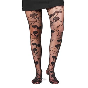 Fil de Jour France Floral Fashion Tights 20D, Black Poppy, M/L, Made in Italy - Picture 1 of 2