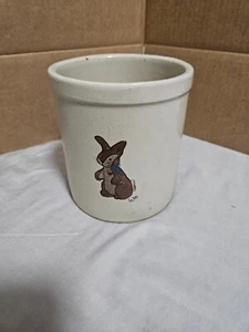 Tarro bajo vintage firmado por Robinson Ransbottom de 1 qt Bunny Rabbit Crock Roseville OH - Imagen 1 de 5